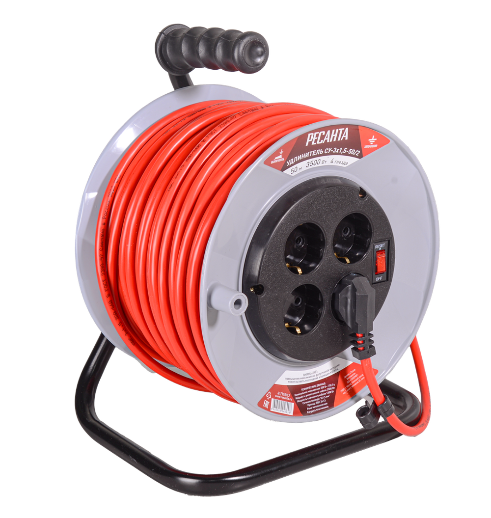 Удлинитель силовой на катушке Ресанта СУ-3х1,5-50/2 (с выкл., 4 розетки)