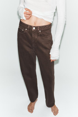 ZARA ДЖИНСЫ TRF MOM FIT С ВЫСОКОЙ ПОСАДКОЙ, КОРИЧНЕВЫЙ