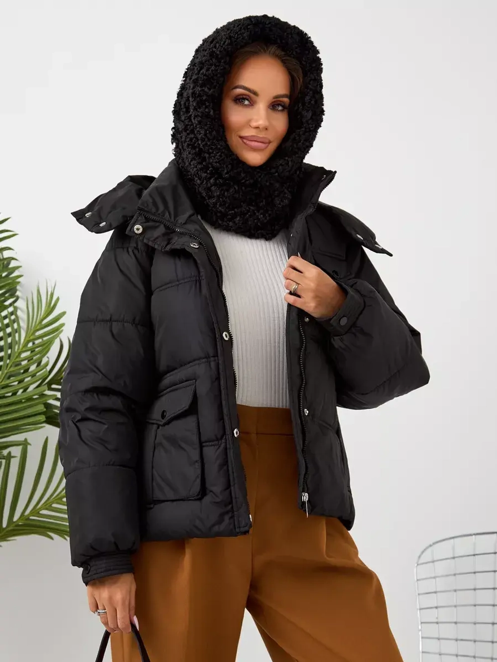 Капор зимний вязаный капюшон на флисе