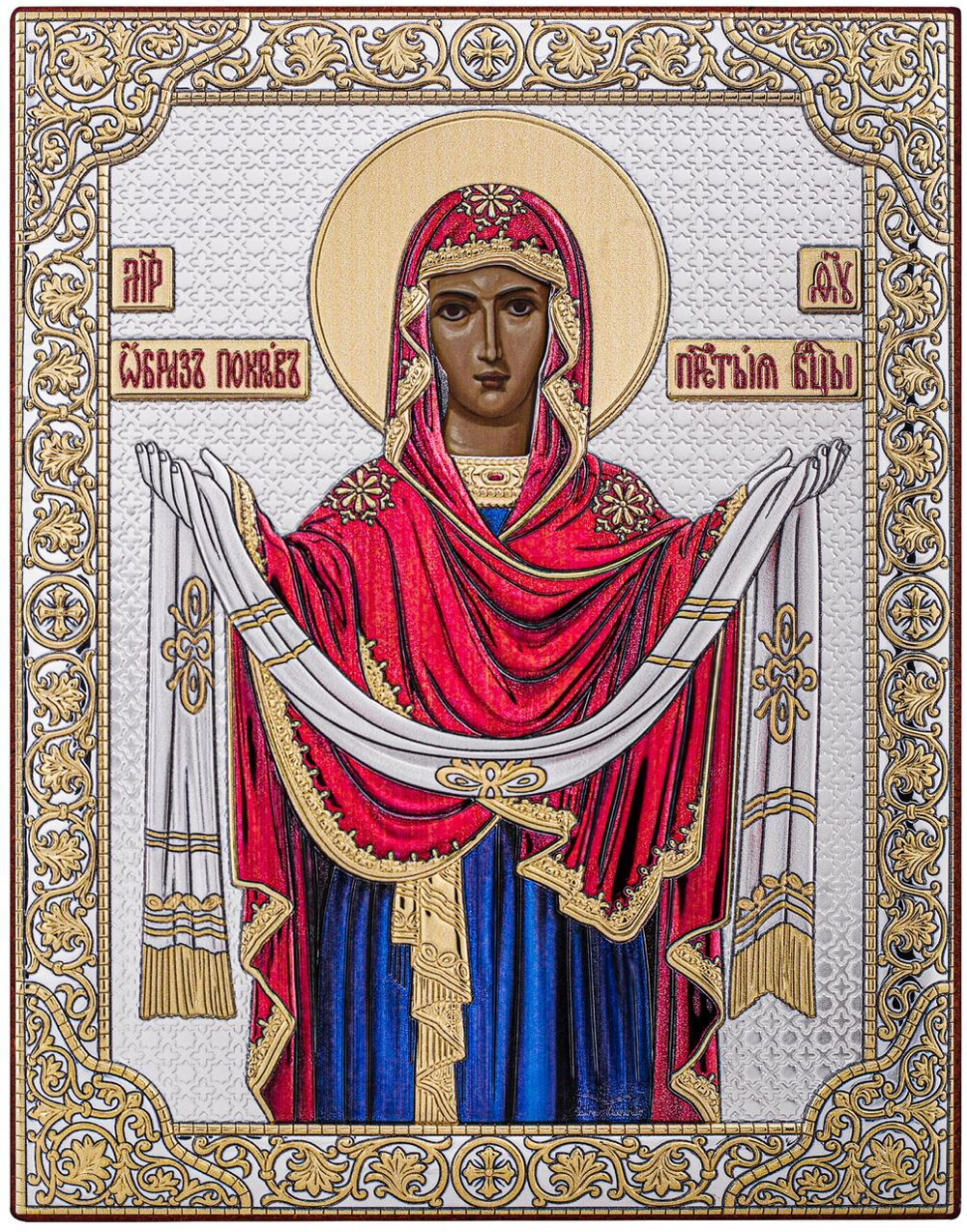 Покрова БМ, икона прямоугольная без рамки, красное дерево, эмаль 175х225