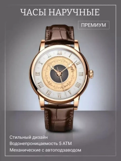 Часы наручные механические с автоподзаводом ПРЕМИУМ LOBINNI на кожаном ремешке, золотистый/коричневый W9430-01