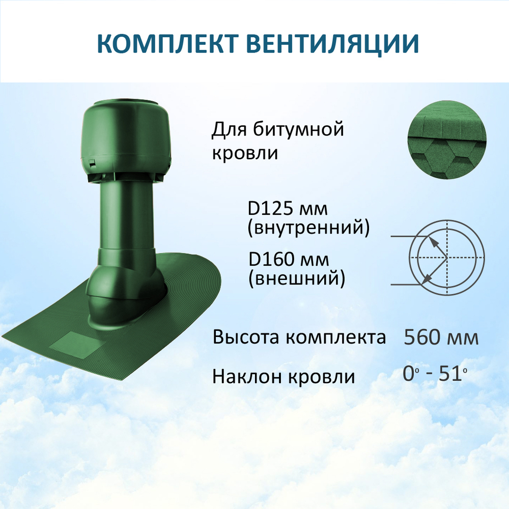 Комплект вентиляции: Вентиляционный выход изолированный D125/160 утепленный высота H=500 мм, проходной элемент для битумной кровли, колпак вентиляционный D160 мм, зеленый