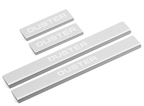 Накладки на пороги AutoMax для Renault Duster 2010-2021, нерж. сталь, с надписью, 4 шт., AMREDUS01