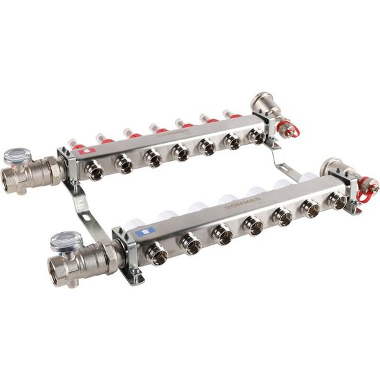 Коллектор Rommer 1"x3/4" на 7 контуров с расходомерами в сборе (нерж. сталь) RMS-1210-000007