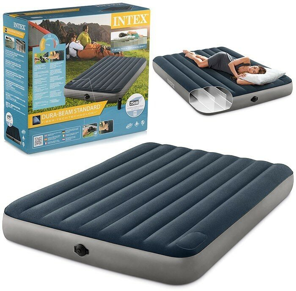 Двуспальный надувной матрас Intex Single-High Airbed (Queen), 152х203х25 см, со встроенным насосом от батареек
