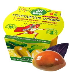 Оливки Спартанские с косточкой в винном маринаде с паприкой и травами 28Olives, 150 г, упаковка с оливкой