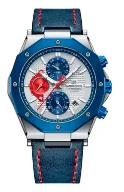 Часы наручные кварцевые NAVIFORCE на кожаном ремешке, серебристый/синий W8750-01
