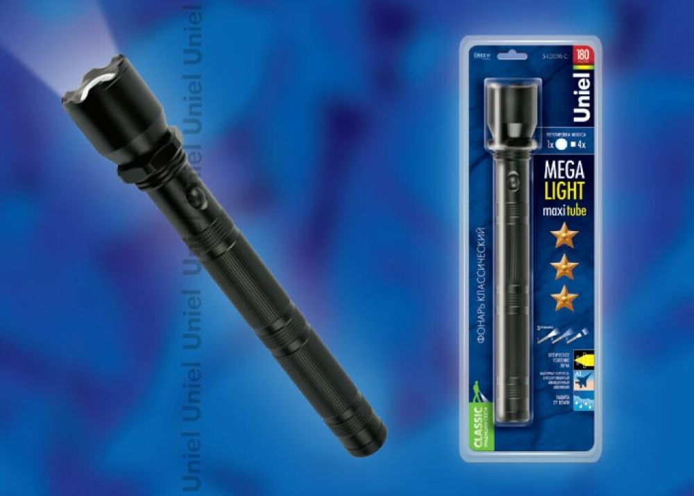 S-LD030-C Black Фонарь Uniel серии Стандарт Mega Light – Maxi Tube, алюминиевый корпус, 3 Watt Led, упаковка – кламшелл, 4ХD н/к, цвет – черный