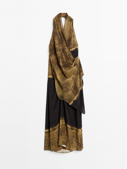 Massimo Dutti Платье миди с принтом и горловиной халтер, серый