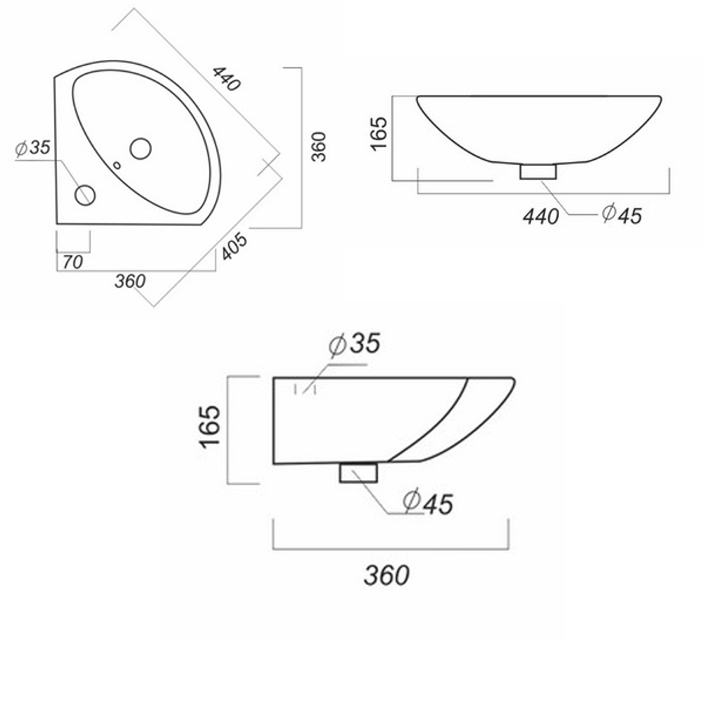 Умывальник "Веер" угловой 36*36 с отв, с крепл. (Sanita)