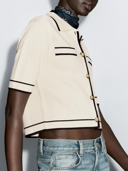 Massimo Dutti Кардиган с короткими рукавами и пуговицами, натуральный/кремовый