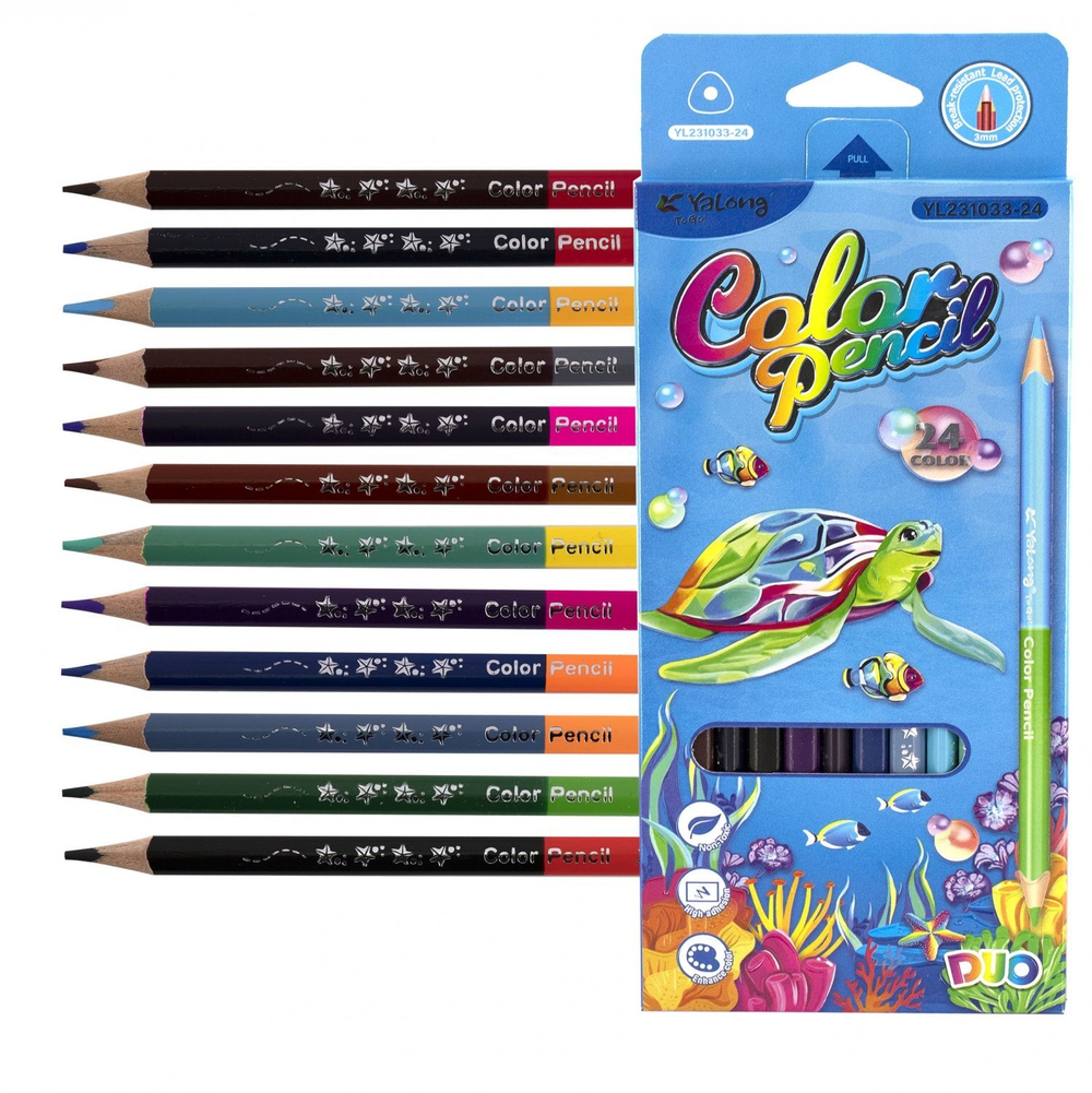 Карандаши цветные двусторонние Yalong 12/24 цв., "World water" деревянные, трехгранные, заточенные, грифель 3.0 мм, картон. уп., европодвес