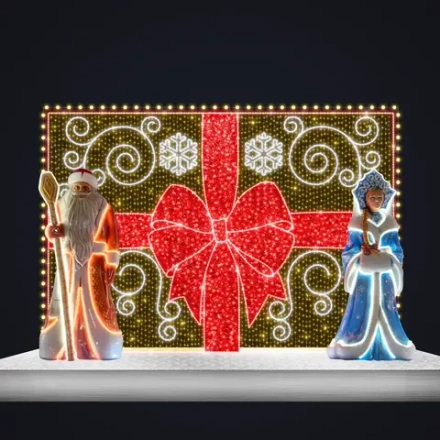 Композиция фигур "Дед Мороз и Снегурочка" и световое панно с бантом