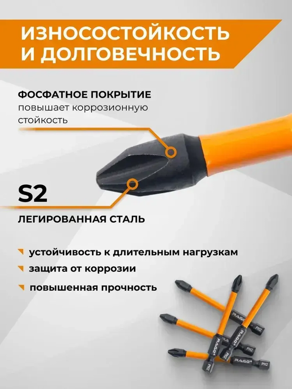 Биты торсионные IMPACT PH2 x 70 мм 5 шт для шуруповерта намагниченные RAGE by VIRA