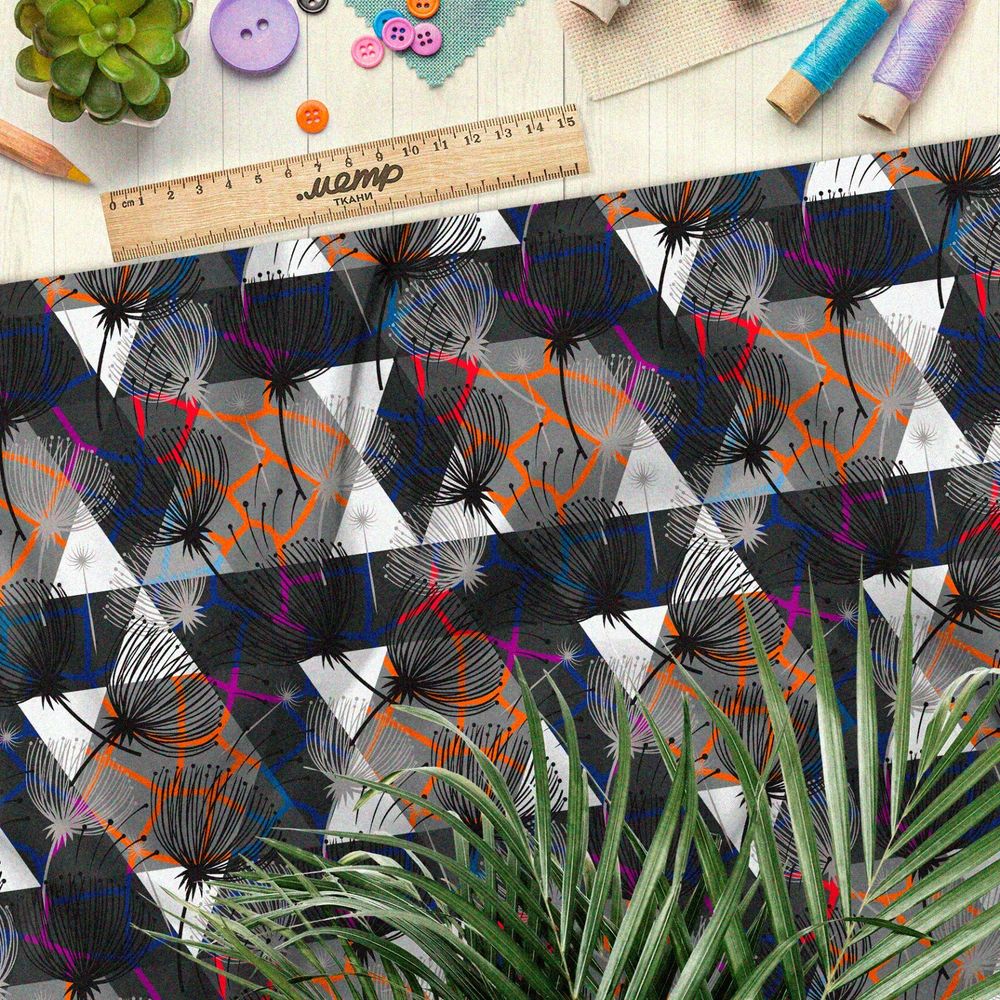 Ткань кулирная гладь чёрно-белая графическая абстракция с кислотным узором