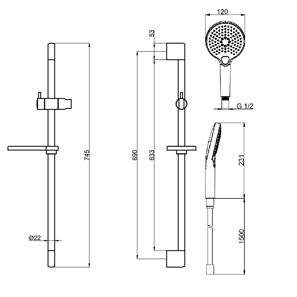AQM8101GM Душевой гарнитур H=790мм, Ø120 мм, 3 режима, мыльница, шланг 1500мм, Gun Metal