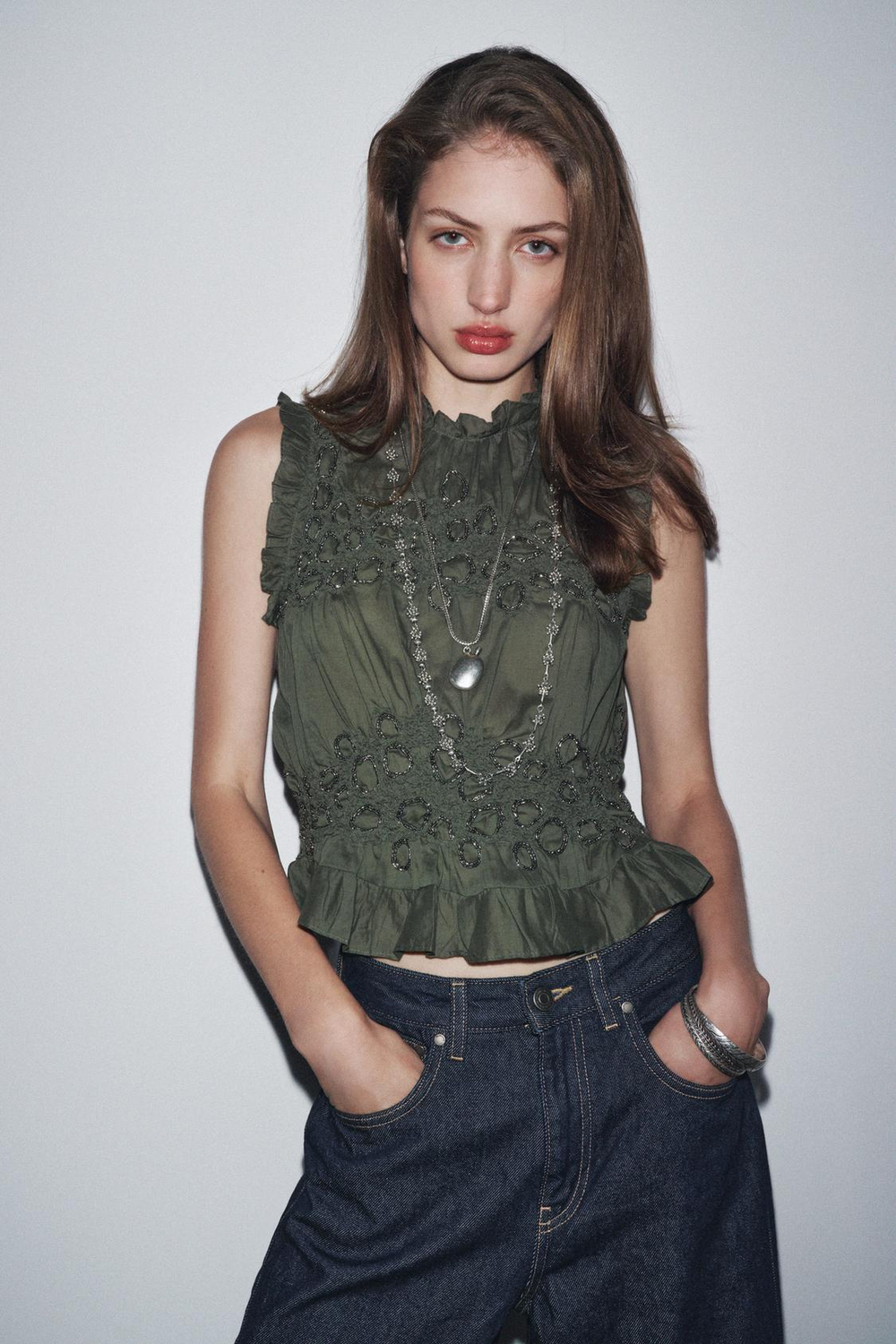 ZARA ТОП С БУСИНАМИ — ZW COLLECTION, ЗЕЛЕНЫЙ/СЕРЫЙ