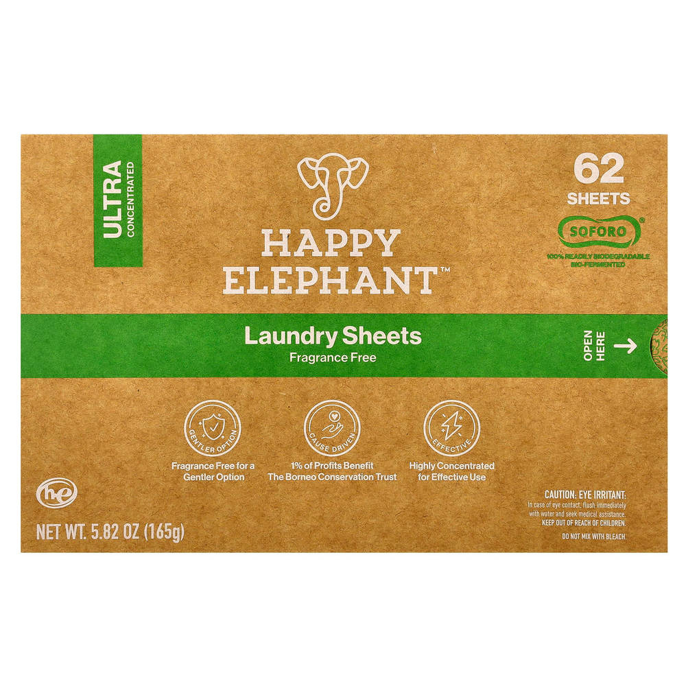 Happy Elephant, Белье для стирки, без отдушек, 62 листа, 165 г (5,82 унции)