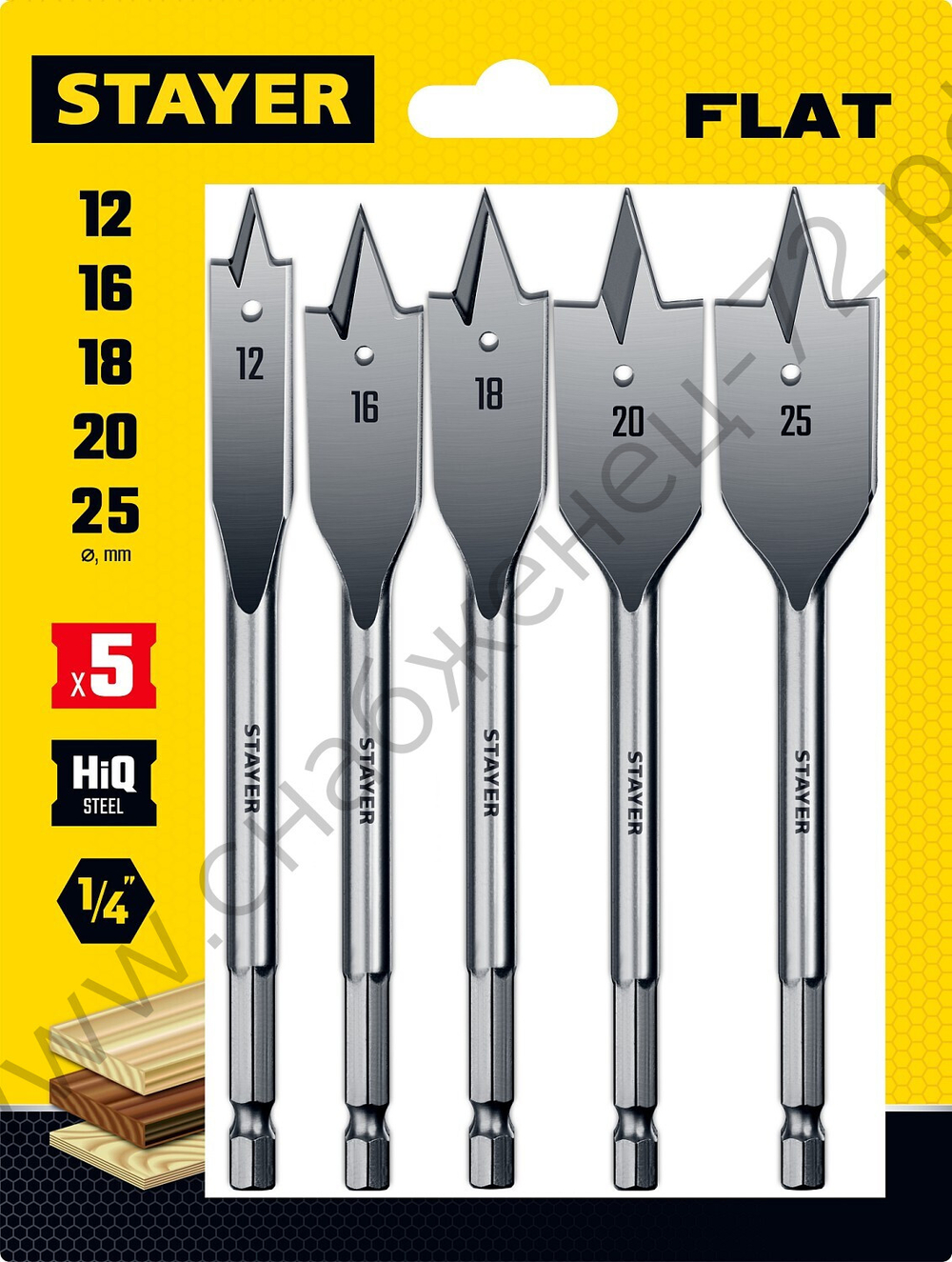 STAYER FLAT 5 шт, 12-16-18-20-25мм, набор сверл перовых по дереву