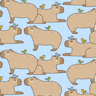 Капибары и птички на голубом