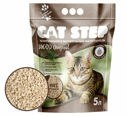 Наполнитель CAT STEP "Wood Original" для кошек комкующийся/древесный - 5 л