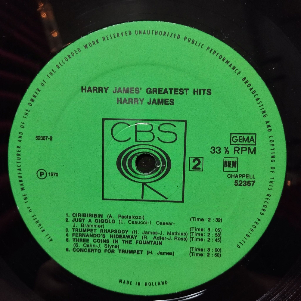 Винтажная виниловая пластинка LP Harry James Greatest Hits (Holland 1970)