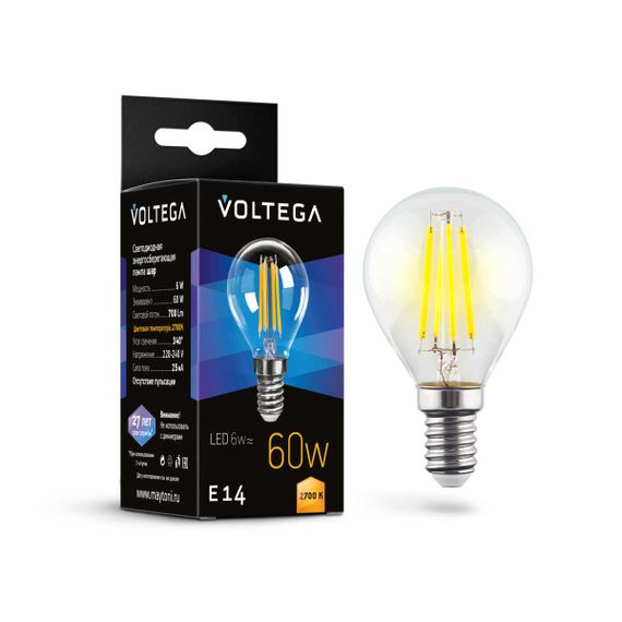 Лампа светодиодная Voltega E14 6W 2700K прозрачная 7212