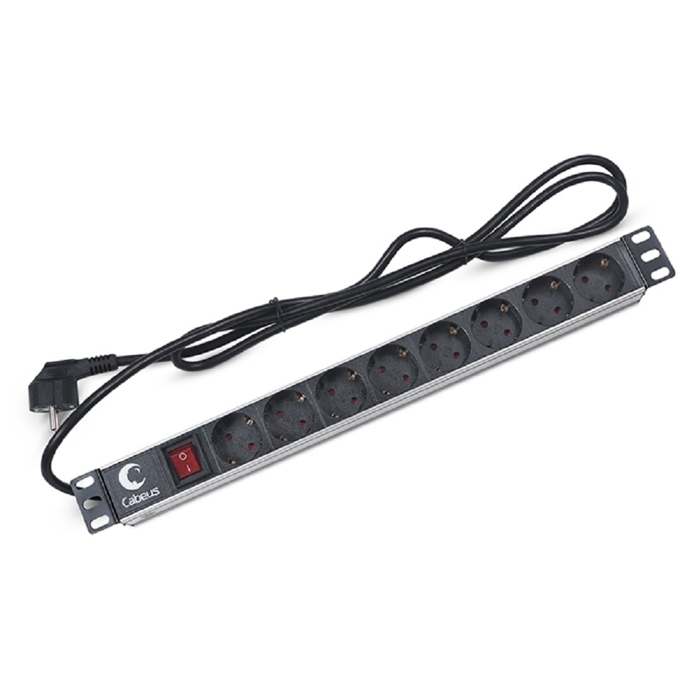 Блок розеток для телекоммуникационных шкафов Cabeus PDU-8P-2EU Блок евророзеток для 19"шкафов, горизонтальный, 8 розеток, 16 A,выключатель, шнур 2м, алюминиевый корпус