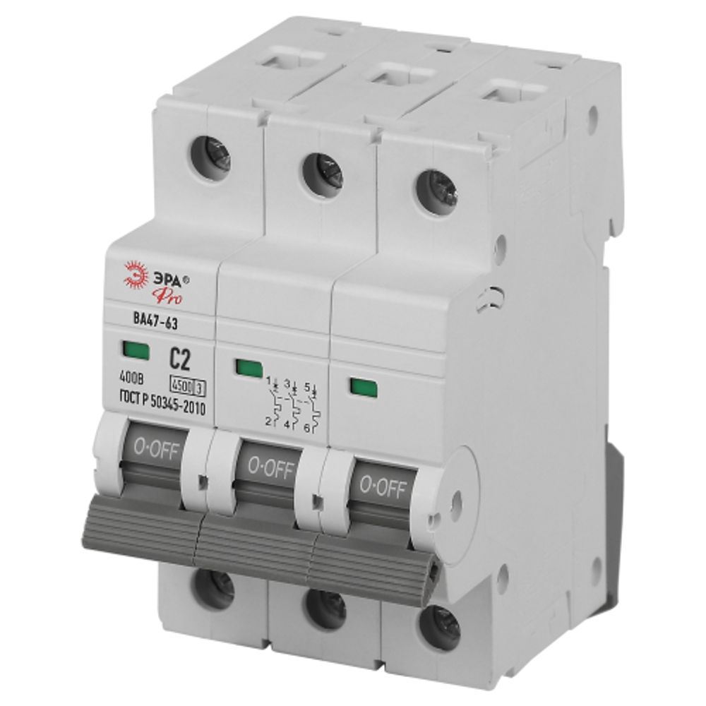 Автоматический выключатель ЭРА PRO VA63-3P02C4.5 ВА47-63 3P 2А кривая C 4,5кА | Модульные автоматические выключатели