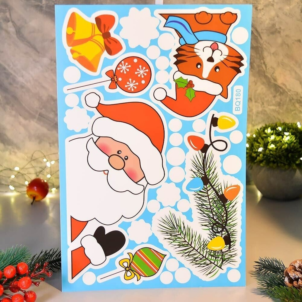 Наклейка новогодняя "Дед Мороз с котенком" 20*30см, BQ180