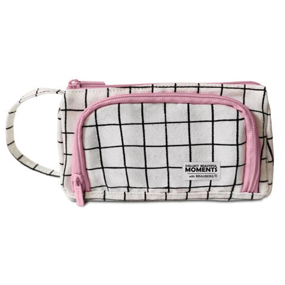 Пенал-косметичка BRAUBERG с ручкой, 1 откидная планка, полиэстер, 22x10х8 см, "Checkered white", 271558
