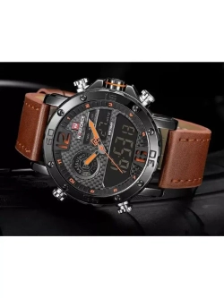 Часы наручные кварцевые NAVIFORCE на кожаном ремешке, черный/коричневый W8710-01