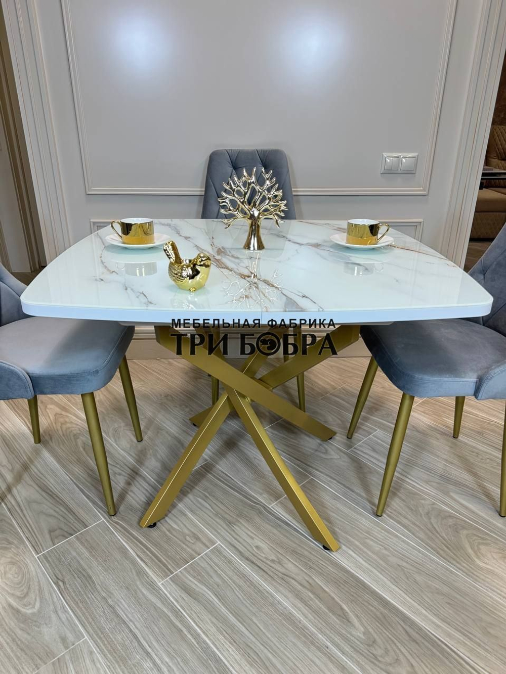 Кухонный раздвижной стол "ТАНГО" , белый мрамор и 4 стула Лондон