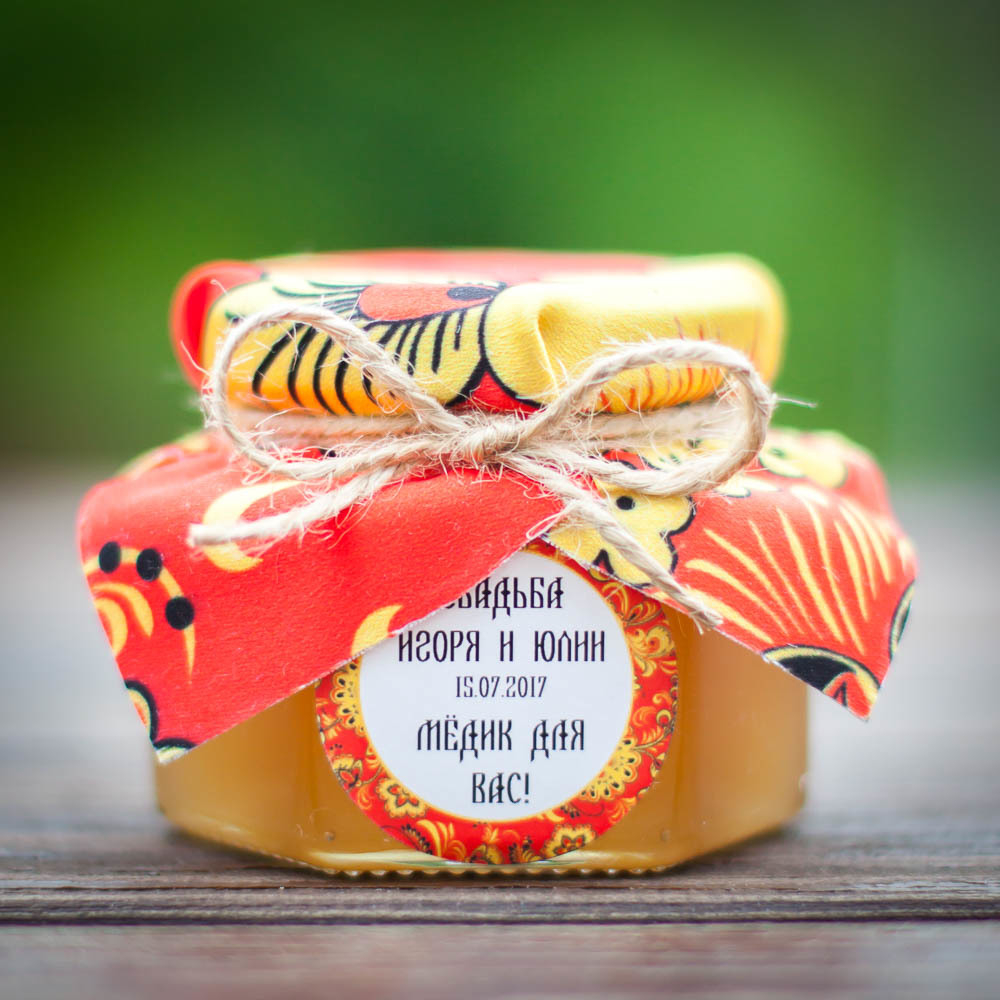 Бонбоньерка с медом на свадьбу, 140 грамм, стиль "Гжель и Хохлома"