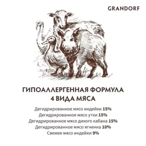 Сухой корм Grandorf CAT 4 Meat PROBIOTIC STERILISED для стерилизованных кошек, 4 мяса с пробиотиками