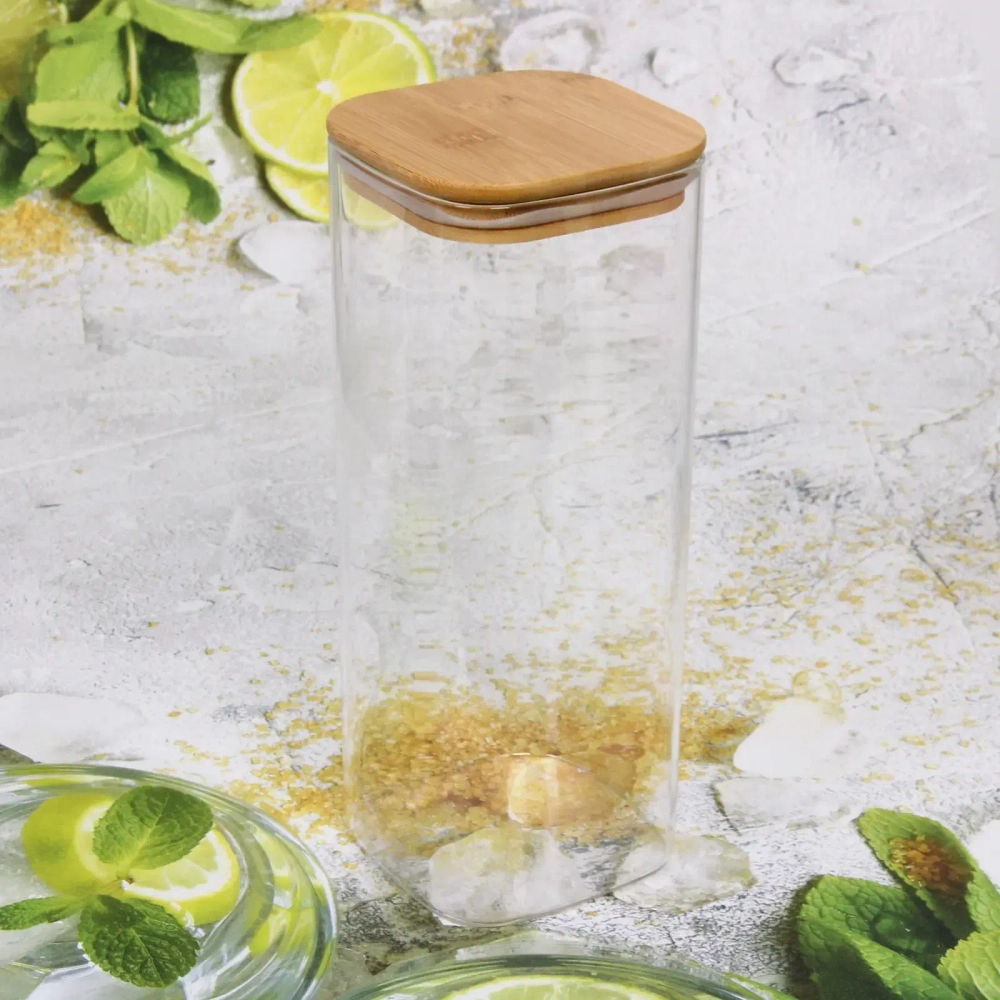 Банка для продуктов стеклянная 1800мл «Хай-Тек» с бамбуковой крышкой, квадратная 10*25см