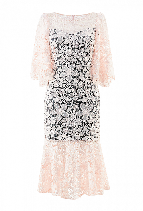 Кружевное платье-футляр с широким рукавом розовое 31-01-20 SS