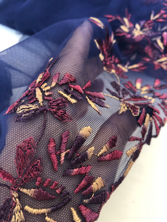 Тесьма сетка с вышивкой, синий/красн.фиолет.рыжий, 23см