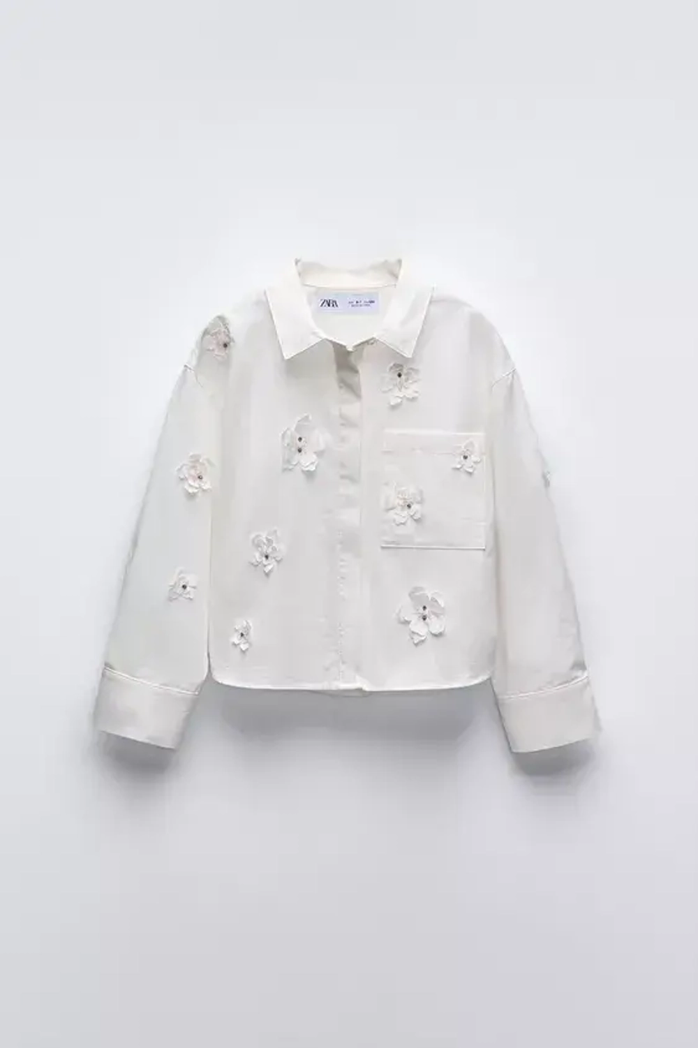 ZARA РУБАШКА С ЦВЕТОЧНЫМ УЗОРОМ 3D, БЕЛЫЙ