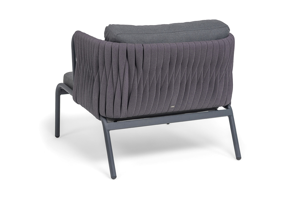 "Ронда" кресло плетеное из роупа, каркас алюминий темно-серый (RAL7024) муар, роуп серый 40 мм tex, ткань темно-серая 027