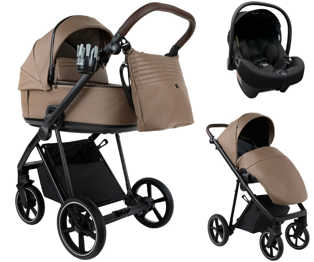 Детская коляска Roan Sol Vintage Leather 2.0 3 в 1 с автокреслом Tutis Elo Lux EduSky Black SL/11/L Camel/Black/руч.Тем.коричневый