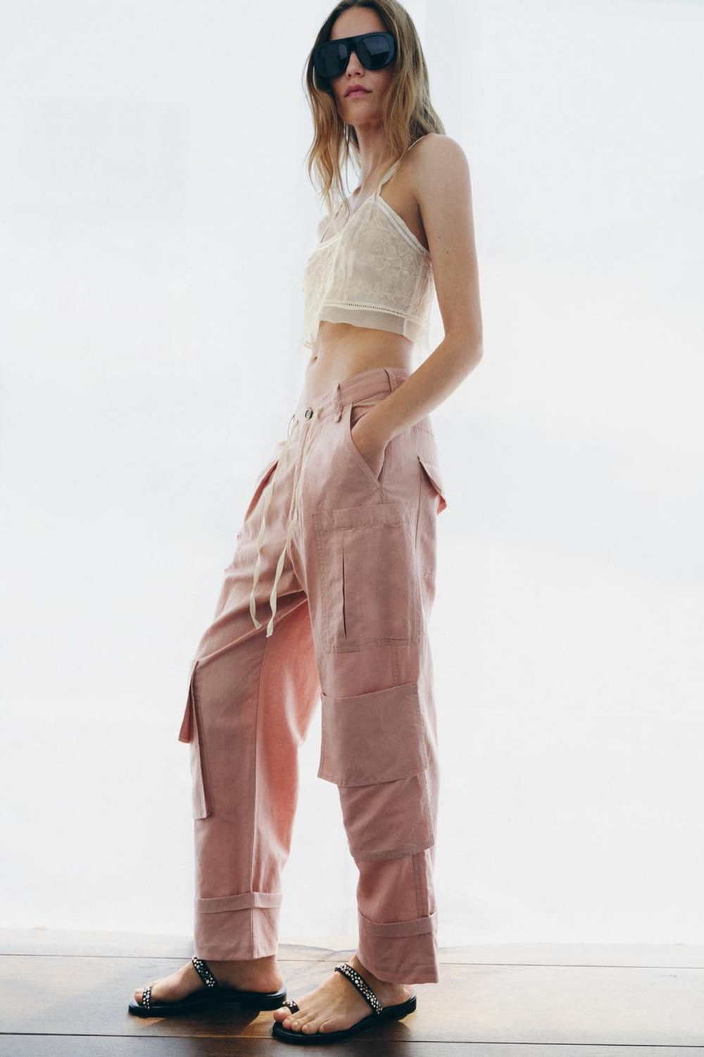 ZARA БРЮКИ КАРГО ИЗ СМЕСОВОГО ЛЬНА — ZW COLLECTION, СВЕТЛО-РОЗОВЫЙ
