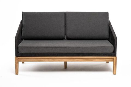 "Канны" диван 2-местный плетеный из роупа, основание дуб, роуп темно-серый круглый, ткань темно-серая 019