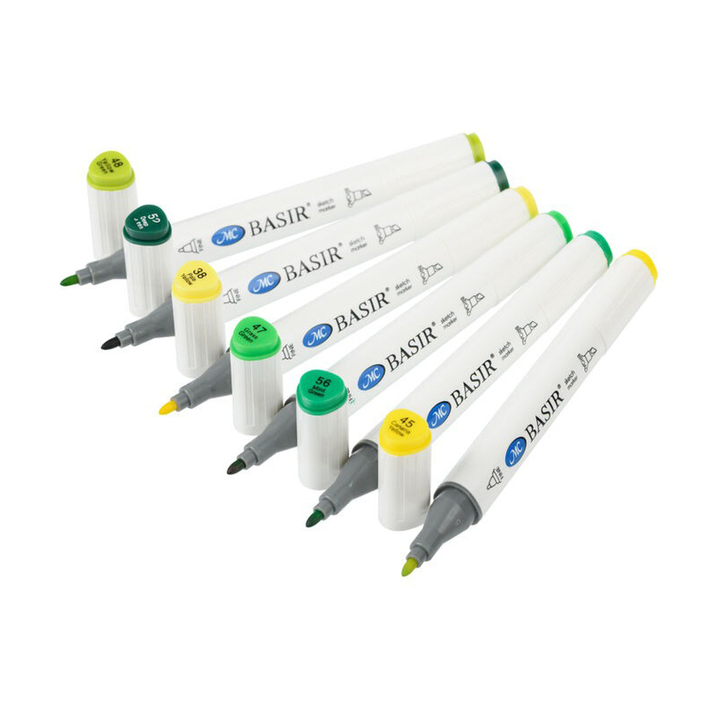 Маркер для скетчинга, двусторонние, Basir, серия "Жёлто-зелёные тона", трёхгранные, 14 мм, спиртовые, 6 шт