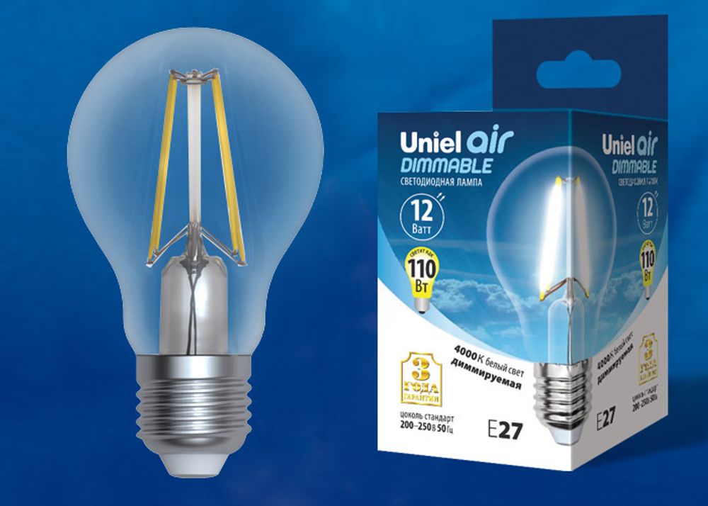 LED-A60-12W/4000K/E27/CL/DIM GLA01TR Лампа светодиодная диммируемая. Форма А, прозрачная. Серия Air. Белый свет (4000K). Картон. ТМ Uniel.