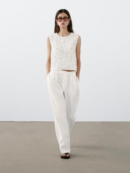 Massimo Dutti Топ из кружева кроше ажурной вязки с цветочным принтом, кремовый