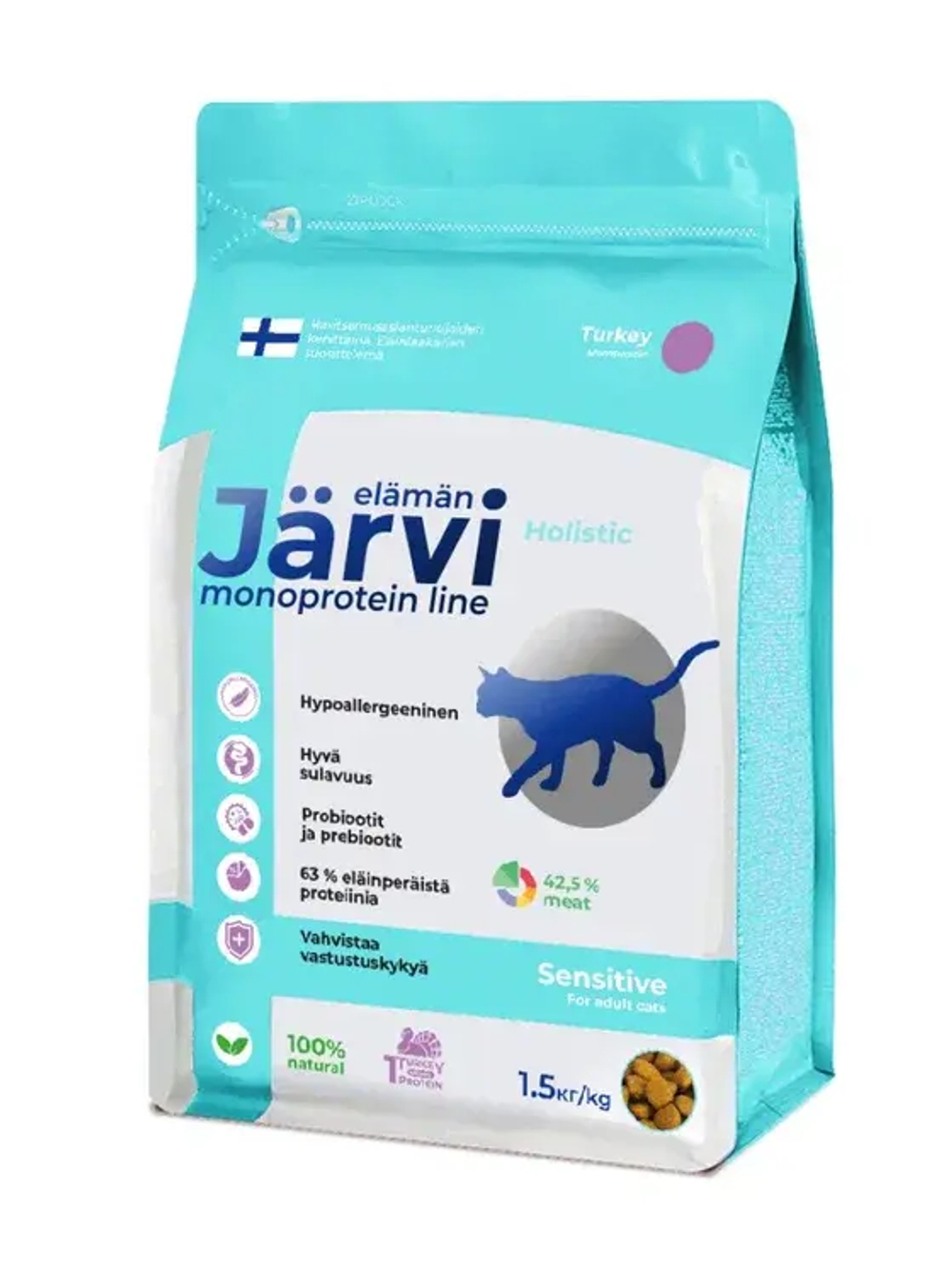 Jarvi сухой полнорационный корм для взрослых кошек с чувствительным пищеварением, Индейка, 1,5кг.