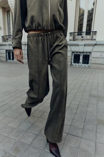 ZARA ШИРОКИЕ БРЮКИ С ЭЛАСТИЧНЫМ ПОЯСОМ, ХАКИ