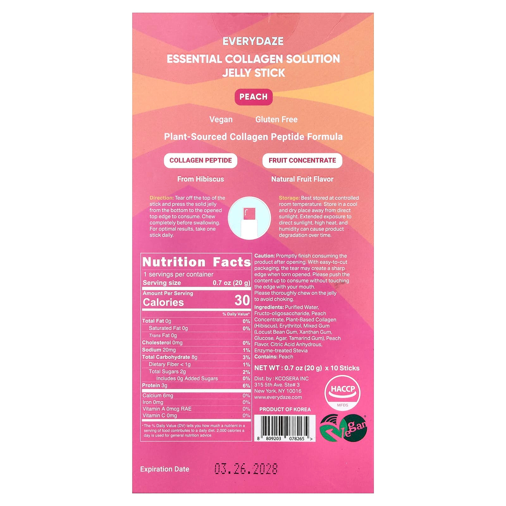 Everydaze, Essential Collagen Solution, желейные стики с коллагеном, персик, 10 стиков по 20 г (0,7 унции)