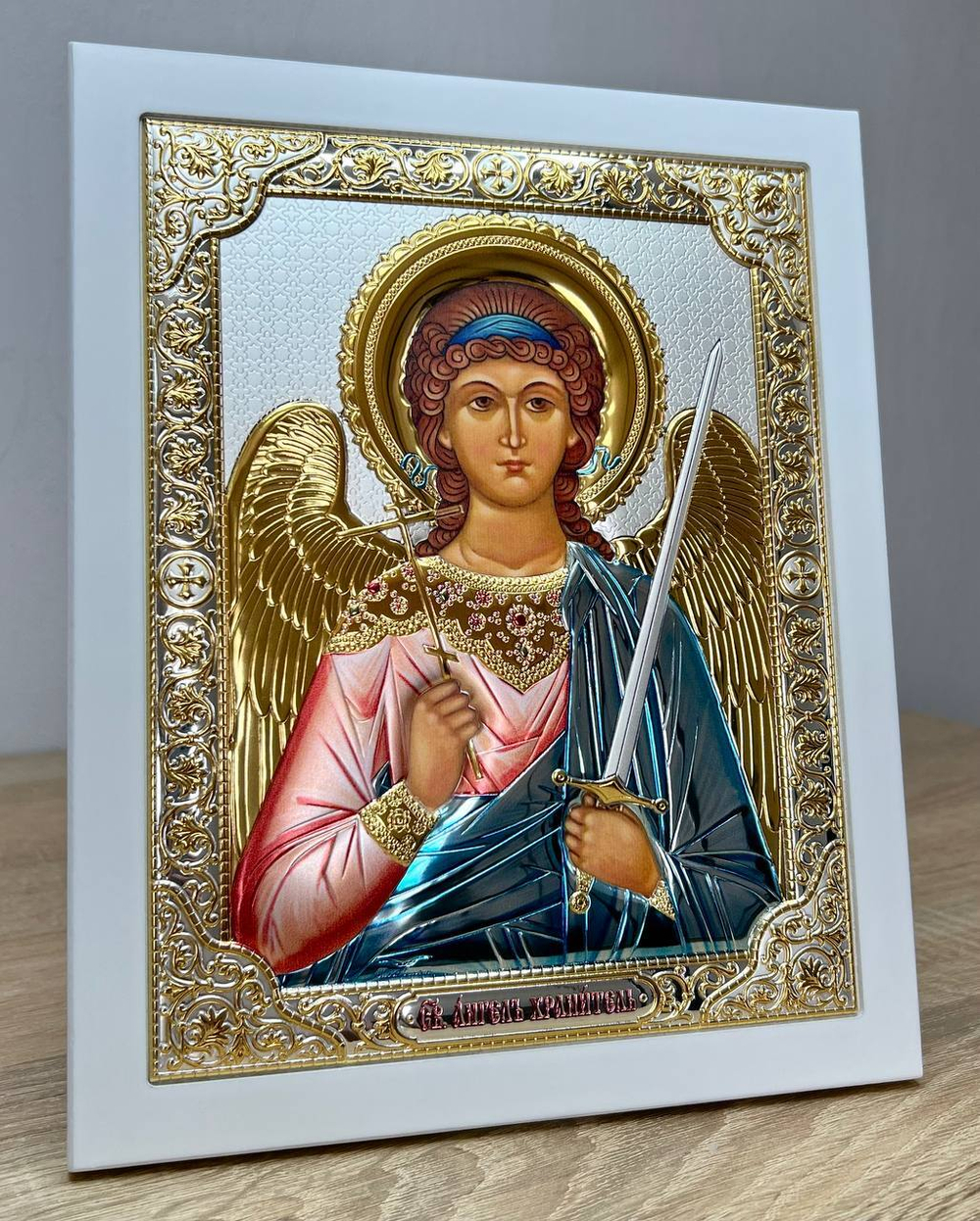 Ангел Хранитель, икона прямоугольная с рамкой, белое дерево, эмаль 185х235